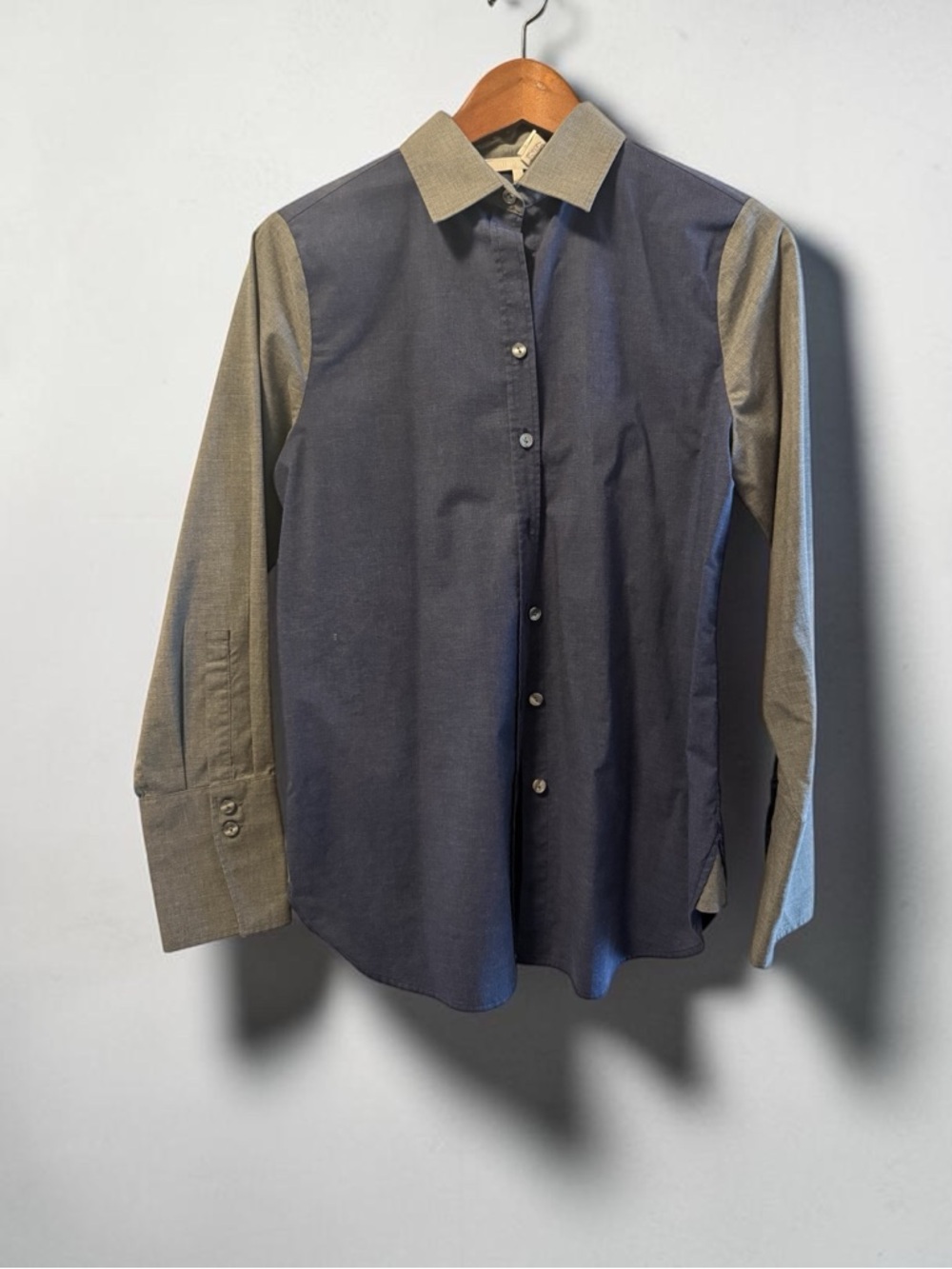 Women’s Two-Tone Navy and Grey Button-Down Shirt